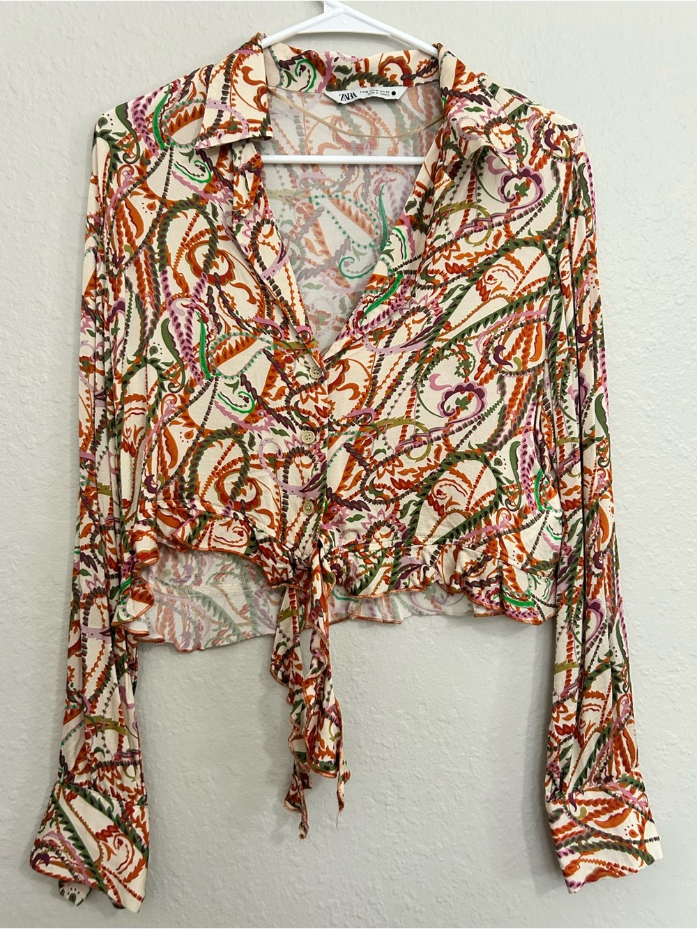 Zara Cream Multicolor Tie-Front Printed Blouse
